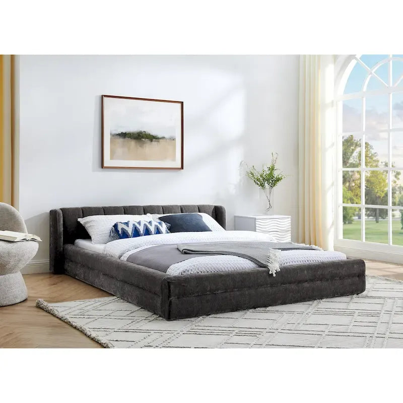 Lit plateforme rembourré Queen Size avec tissu chenille épais, cadre et tête de lit solides, GRIS FONCÉ