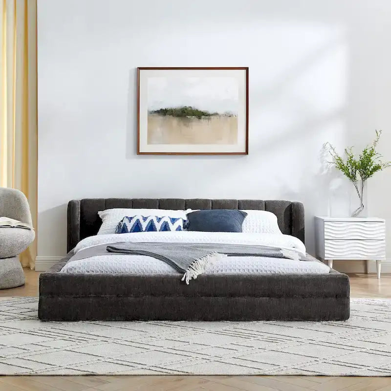 Lit plateforme rembourré Queen Size avec tissu chenille épais, cadre et tête de lit solides, GRIS FONCÉ
