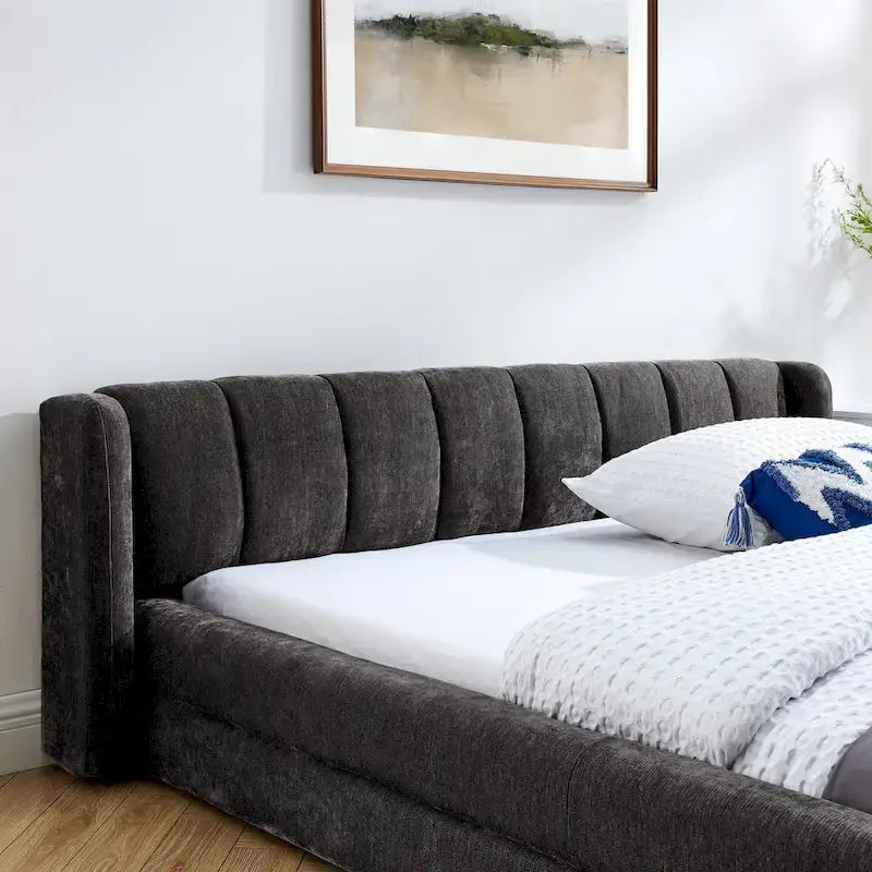 Lit plateforme rembourré Queen Size avec tissu chenille épais, cadre et tête de lit solides, GRIS FONCÉ