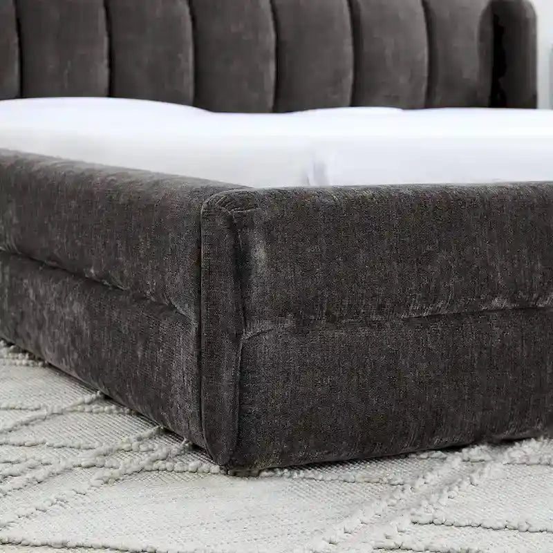 Lit plateforme rembourré Queen Size avec tissu chenille épais, cadre et tête de lit solides, GRIS FONCÉ