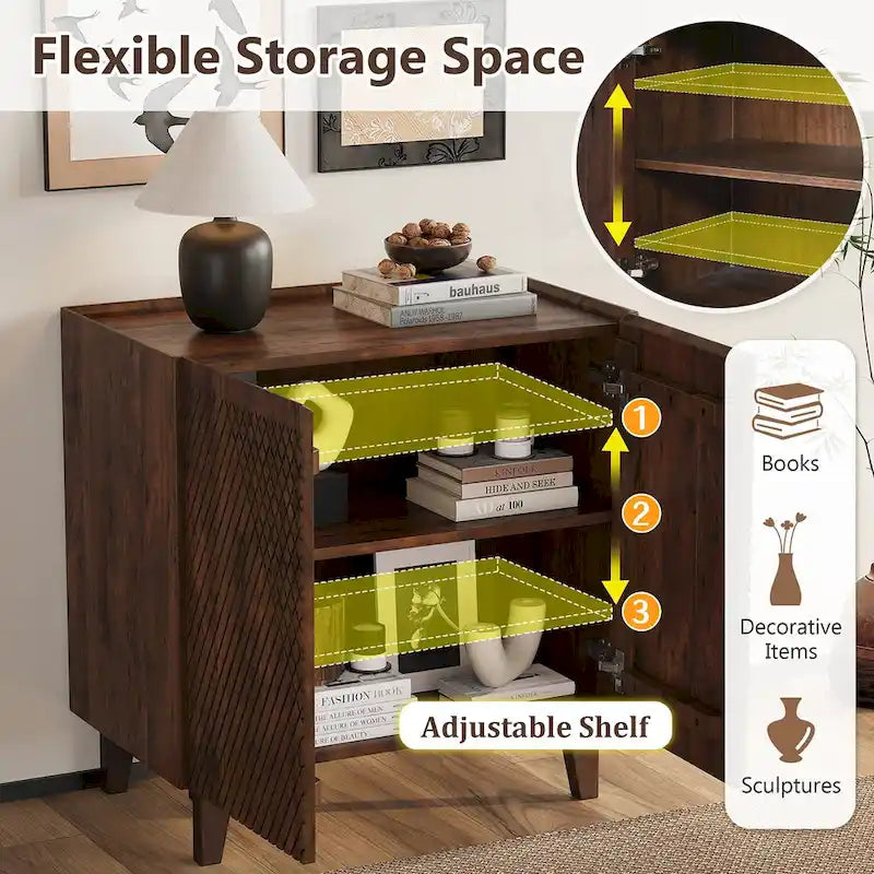 Meuble d'appoint rustique en bois, design cannelé, étagère réglable, rangement