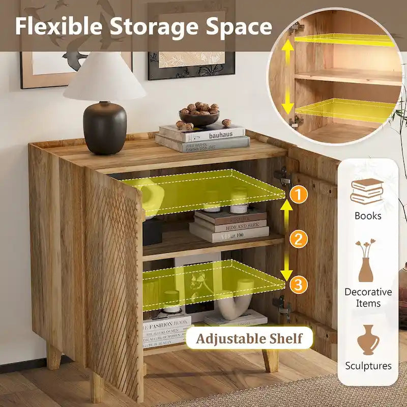 Meuble d'appoint rustique en bois, design cannelé, étagère réglable, rangement