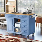 Dessertes de cuisine avec plateau en bois d'hévéa, îlot de cuisine roulant mobile avec rangement et 5 tiroirs, 134,62 cm de long (tabouret non inclus)
