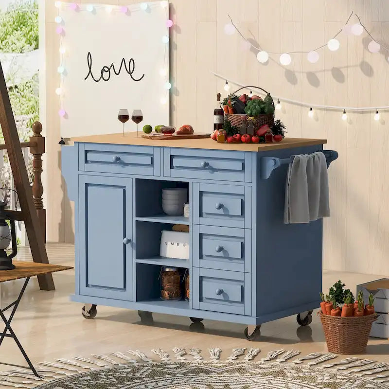 Dessertes de cuisine avec plateau en bois d'hévéa, îlot de cuisine roulant mobile avec rangement et 5 tiroirs, 134,62 cm de long (tabouret non inclus)