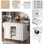 Dessertes de cuisine avec plateau en bois d'hévéa, îlot de cuisine roulant mobile avec rangement et 5 tiroirs, 134,62 cm de long (tabouret non inclus)