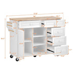 Dessertes de cuisine avec plateau en bois d'hévéa, îlot de cuisine roulant mobile avec rangement et 5 tiroirs, 134,62 cm de long (tabouret non inclus)