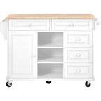 Dessertes de cuisine avec plateau en bois d'hévéa, îlot de cuisine roulant mobile avec rangement et 5 tiroirs, 134,62 cm de long (tabouret non inclus)