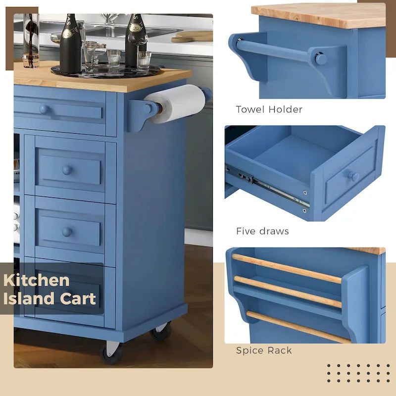 Dessertes de cuisine avec plateau en bois d'hévéa, îlot de cuisine roulant mobile avec rangement et 5 tiroirs, 134,62 cm de long (tabouret non inclus)