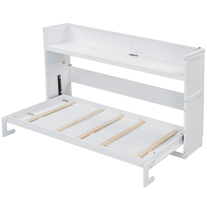 Lit escamotable Twin XL avec bureau et lumière LED, cadre en bois massif avec station de recharge USB, pour petits espaces et bureaux à domicile