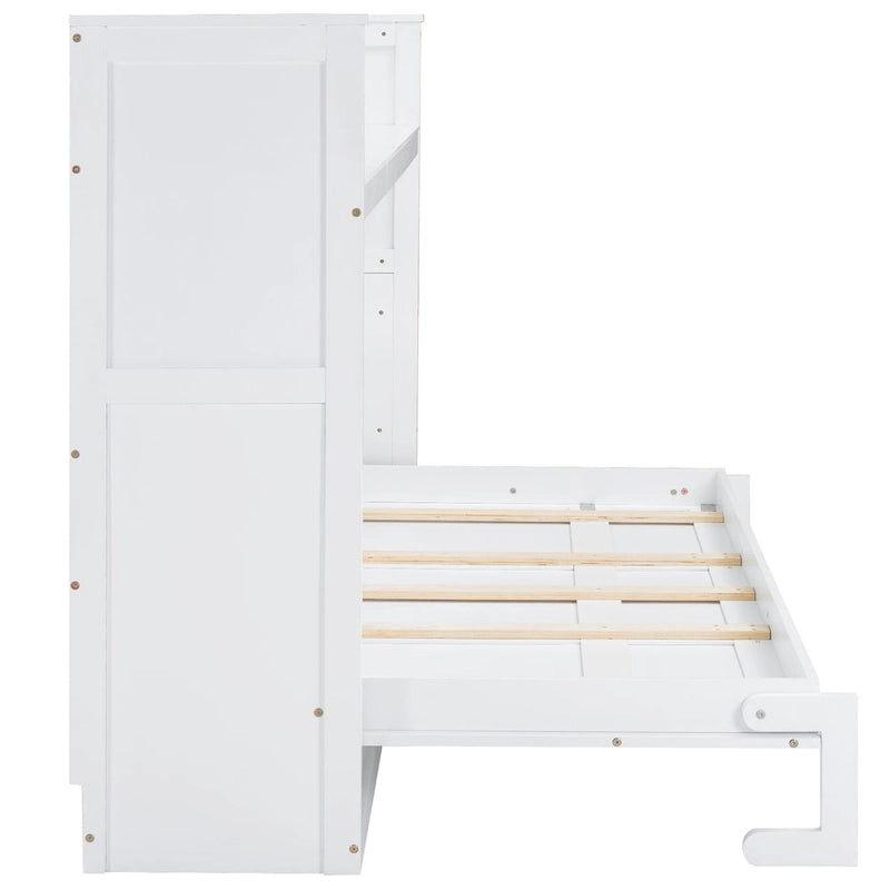 Lit escamotable Twin XL avec bureau et lumière LED, cadre en bois massif avec station de recharge USB, pour petits espaces et bureaux à domicile
