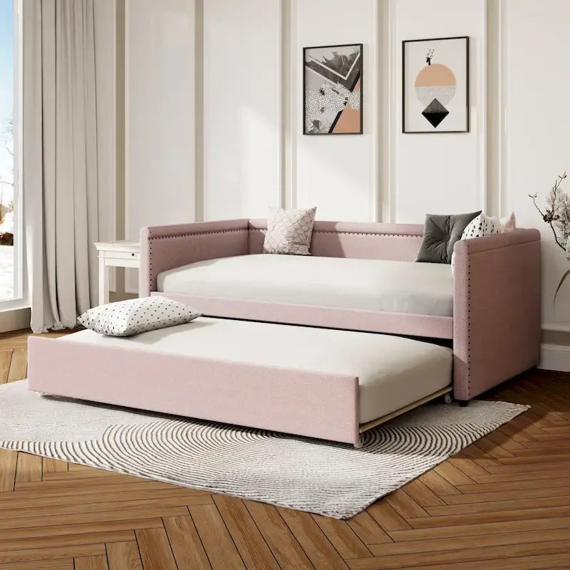 Lit de repos rembourré en tissu de lin moderne, taille double, avec lit gigogne, aucun sommier tapissier requis