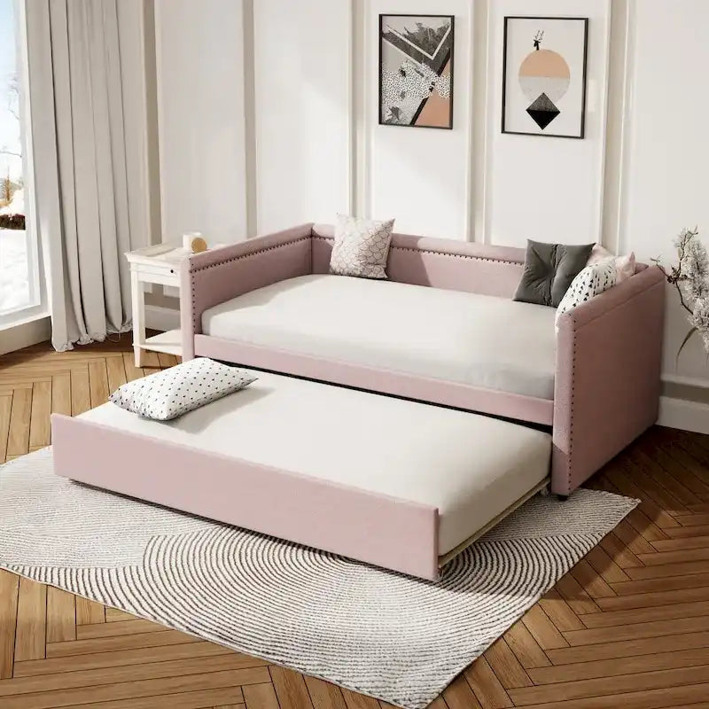 Lit de repos rembourré en tissu de lin moderne, taille double, avec lit gigogne, aucun sommier tapissier requis