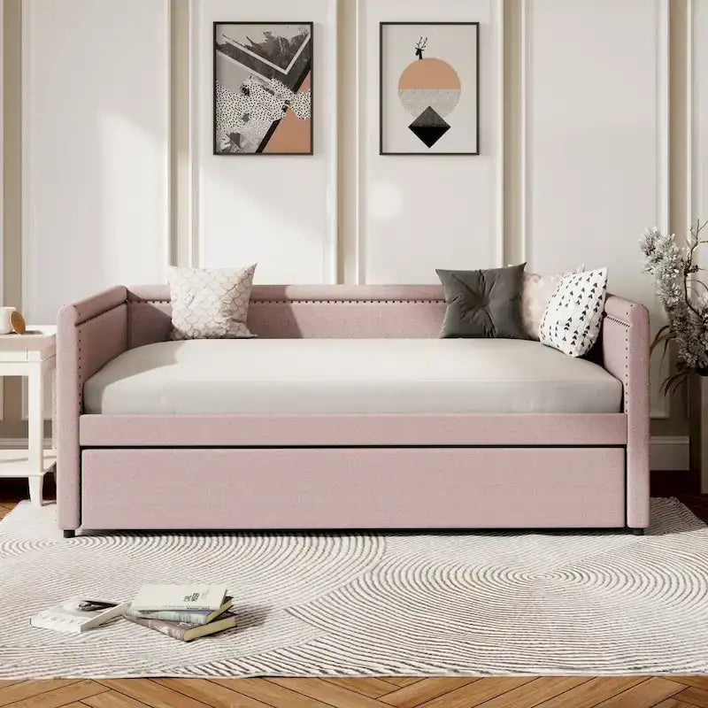 Lit de repos rembourré en tissu de lin moderne, taille double, avec lit gigogne, aucun sommier tapissier requis
