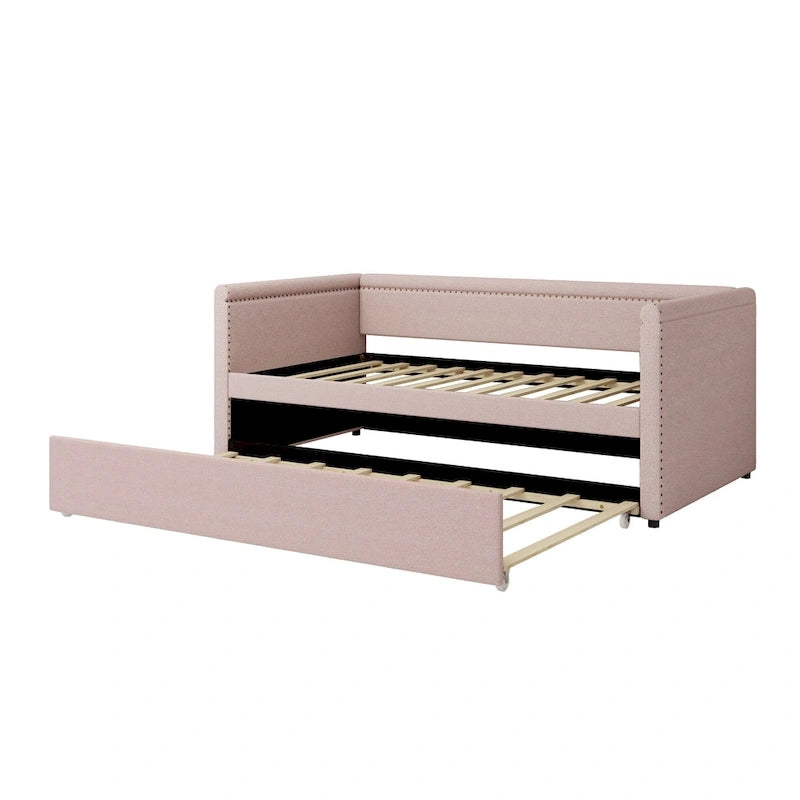 Lit de repos rembourré en tissu de lin moderne, taille double, avec lit gigogne, aucun sommier tapissier requis