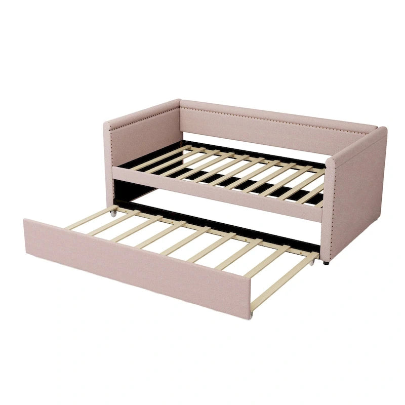Lit de repos rembourré en tissu de lin moderne, taille double, avec lit gigogne, aucun sommier tapissier requis