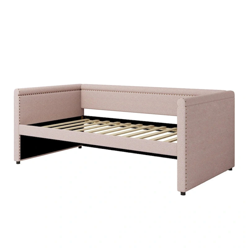 Lit de repos rembourré en tissu de lin moderne, taille double, avec lit gigogne, aucun sommier tapissier requis