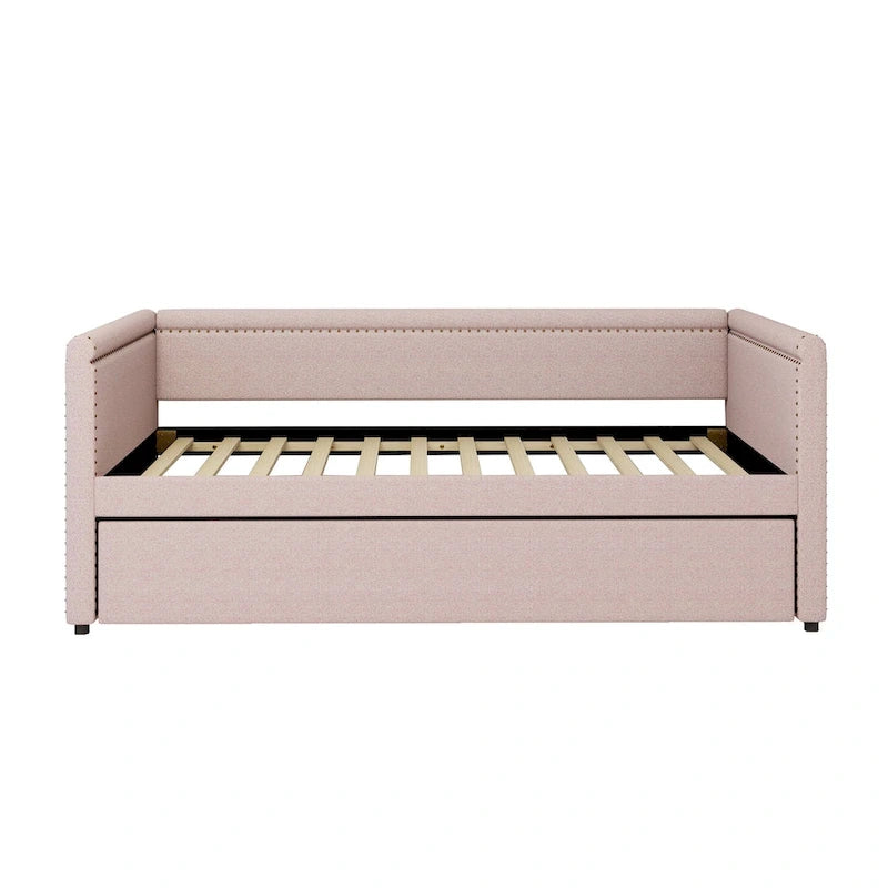 Lit de repos rembourré en tissu de lin moderne, taille double, avec lit gigogne, aucun sommier tapissier requis