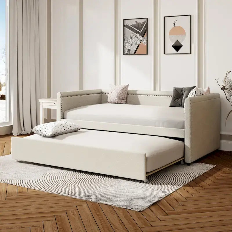 Lit de repos rembourré en tissu de lin moderne, taille double, avec lit gigogne, aucun sommier tapissier requis