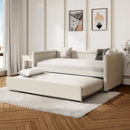 Lit de repos rembourré en tissu de lin moderne, taille double, avec lit gigogne, aucun sommier tapissier requis
