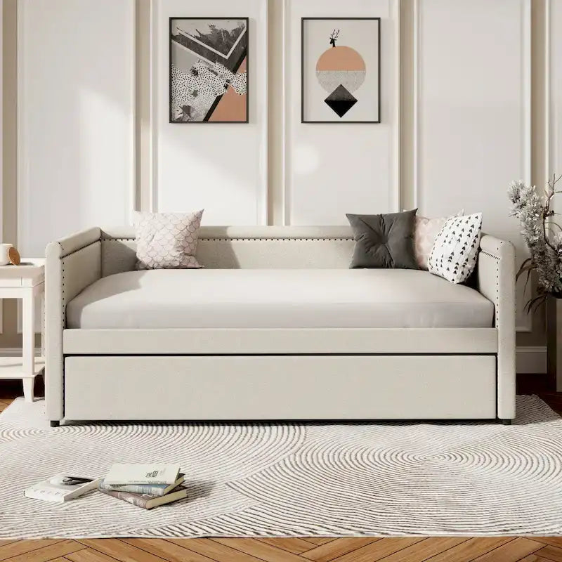 Lit de repos rembourré en tissu de lin moderne, taille double, avec lit gigogne, aucun sommier tapissier requis