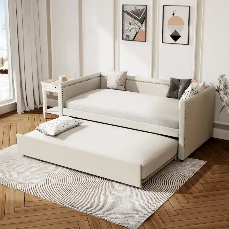Lit de repos rembourré en tissu de lin moderne, taille double, avec lit gigogne, aucun sommier tapissier requis