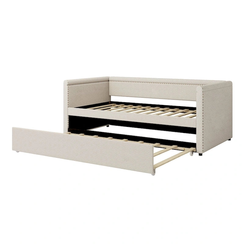 Lit de repos rembourré en tissu de lin moderne, taille double, avec lit gigogne, aucun sommier tapissier requis
