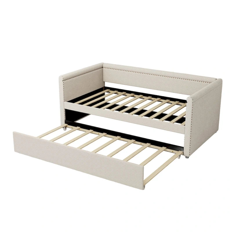 Lit de repos rembourré en tissu de lin moderne, taille double, avec lit gigogne, aucun sommier tapissier requis