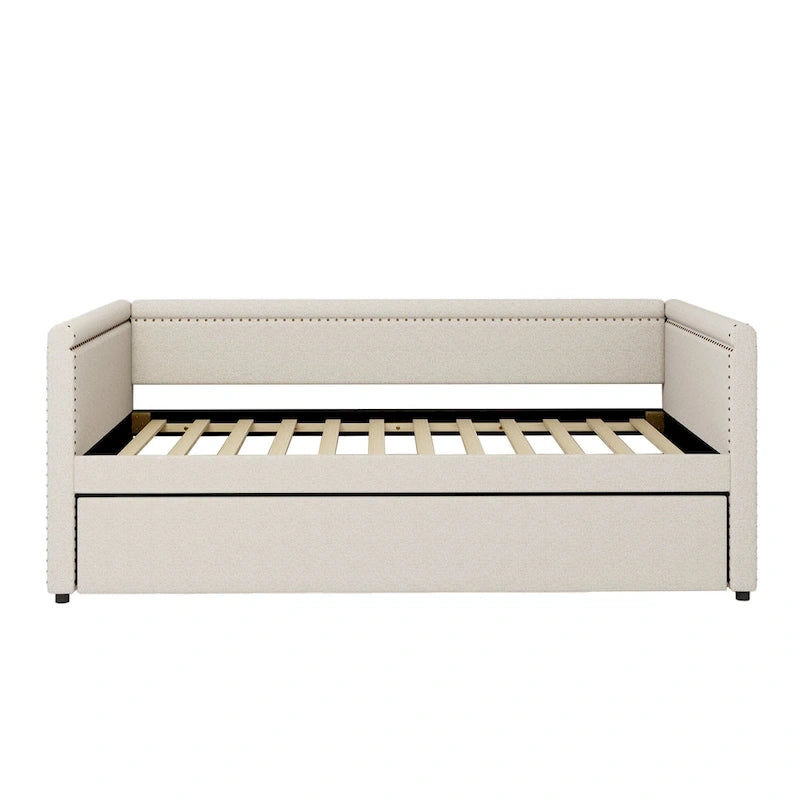 Lit de repos rembourré en tissu de lin moderne, taille double, avec lit gigogne, aucun sommier tapissier requis
