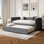 Lit de repos rembourré en tissu de lin moderne, taille double, avec lit gigogne, aucun sommier tapissier requis