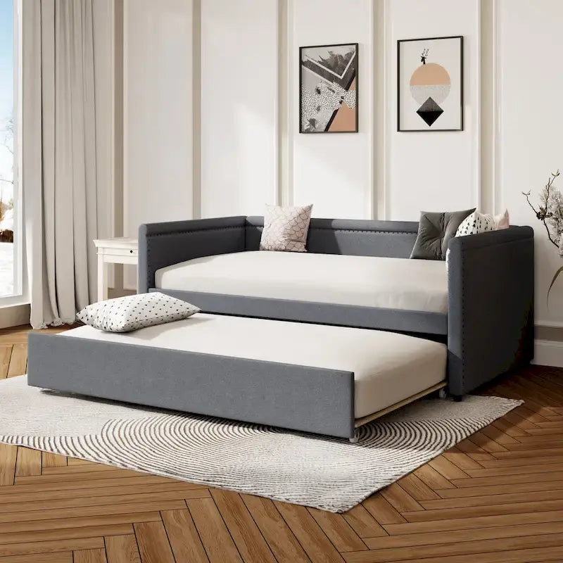 Lit de repos rembourré en tissu de lin moderne, taille double, avec lit gigogne, aucun sommier tapissier requis
