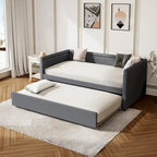 Lit de repos rembourré en tissu de lin moderne, taille double, avec lit gigogne, aucun sommier tapissier requis