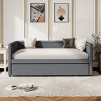 Lit de repos rembourré en tissu de lin moderne, taille double, avec lit gigogne, aucun sommier tapissier requis