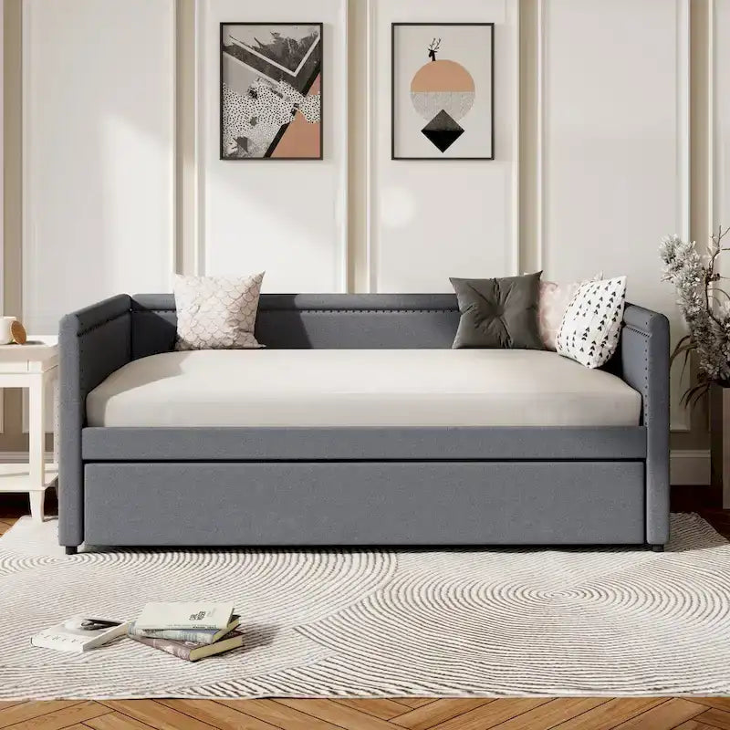 Lit de repos rembourré en tissu de lin moderne, taille double, avec lit gigogne, aucun sommier tapissier requis