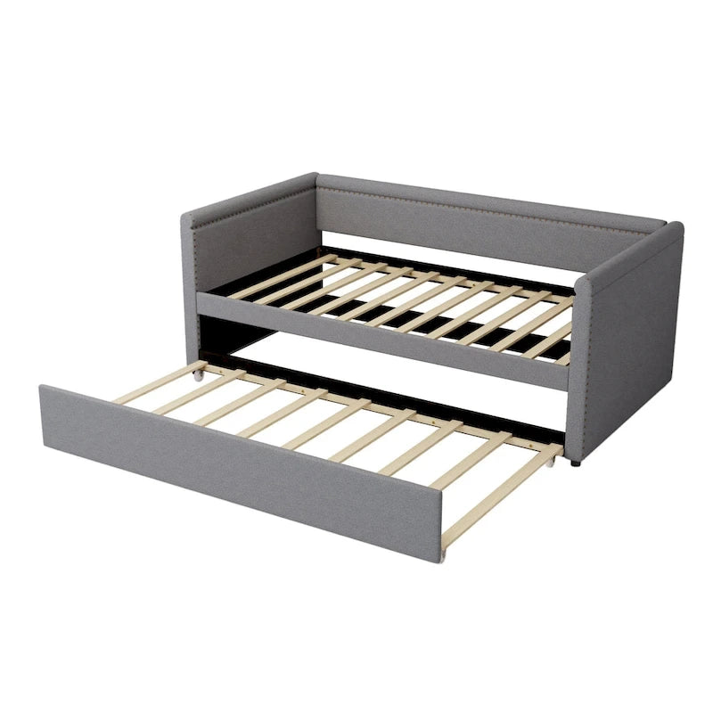 Lit de repos rembourré en tissu de lin moderne, taille double, avec lit gigogne, aucun sommier tapissier requis