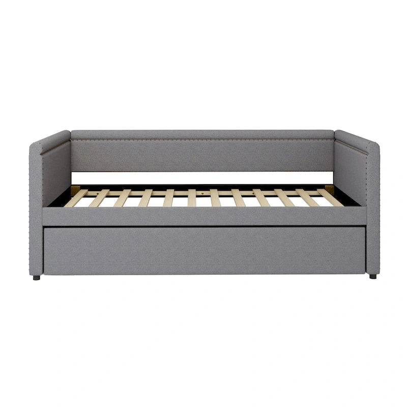 Lit de repos rembourré en tissu de lin moderne, taille double, avec lit gigogne, aucun sommier tapissier requis