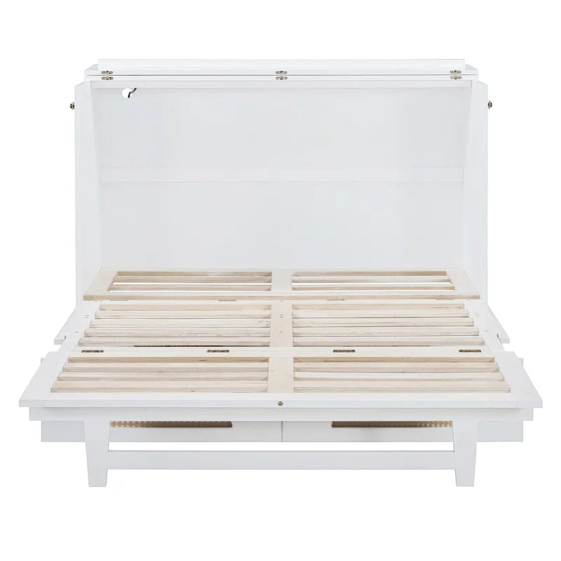 Lit escamotable blanc pleine grandeur avec grand tiroir, ports USB et prises de courant