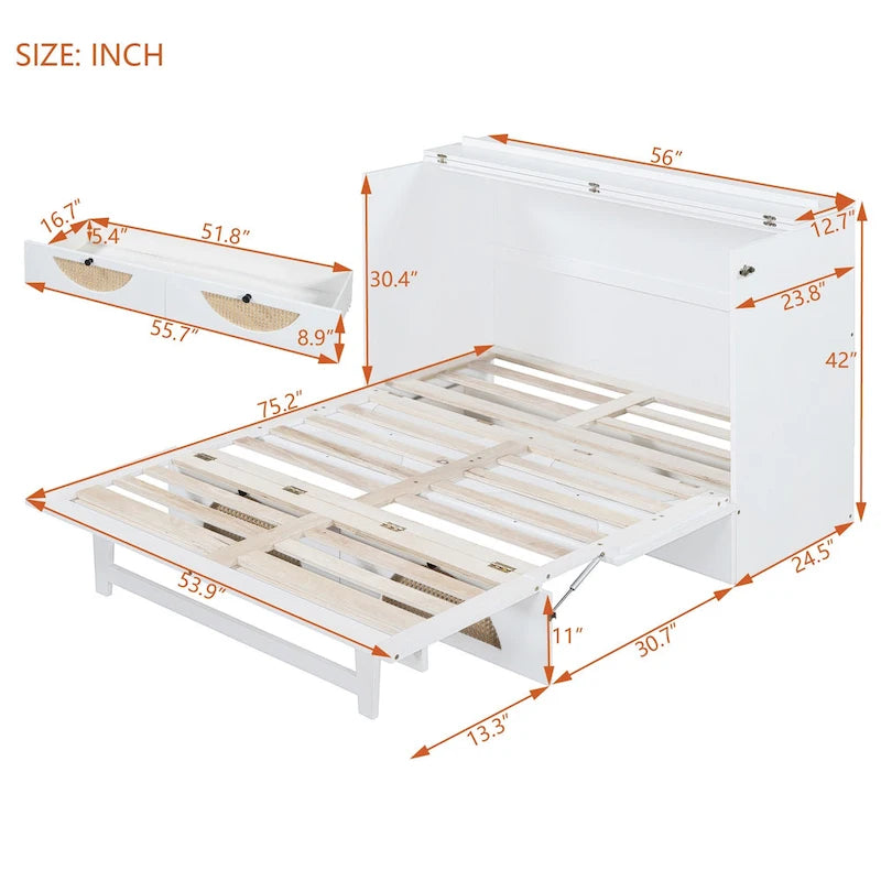Lit escamotable blanc pleine grandeur avec grand tiroir, ports USB et prises de courant