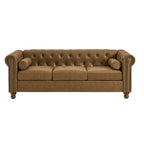 Canapé Chesterfield tapissé en tissu marron de 189 cm avec dossier capitonné, 2 appuie-têtes et coussins en éponge