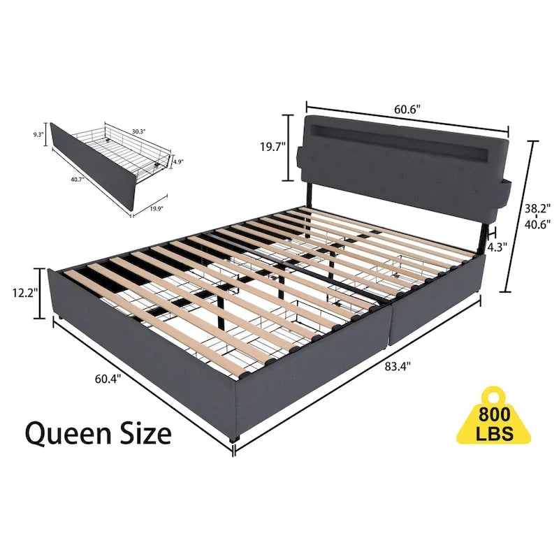 Lit plateforme queen size gris foncé avec 4 tiroirs de rangement, USB et lumières LED