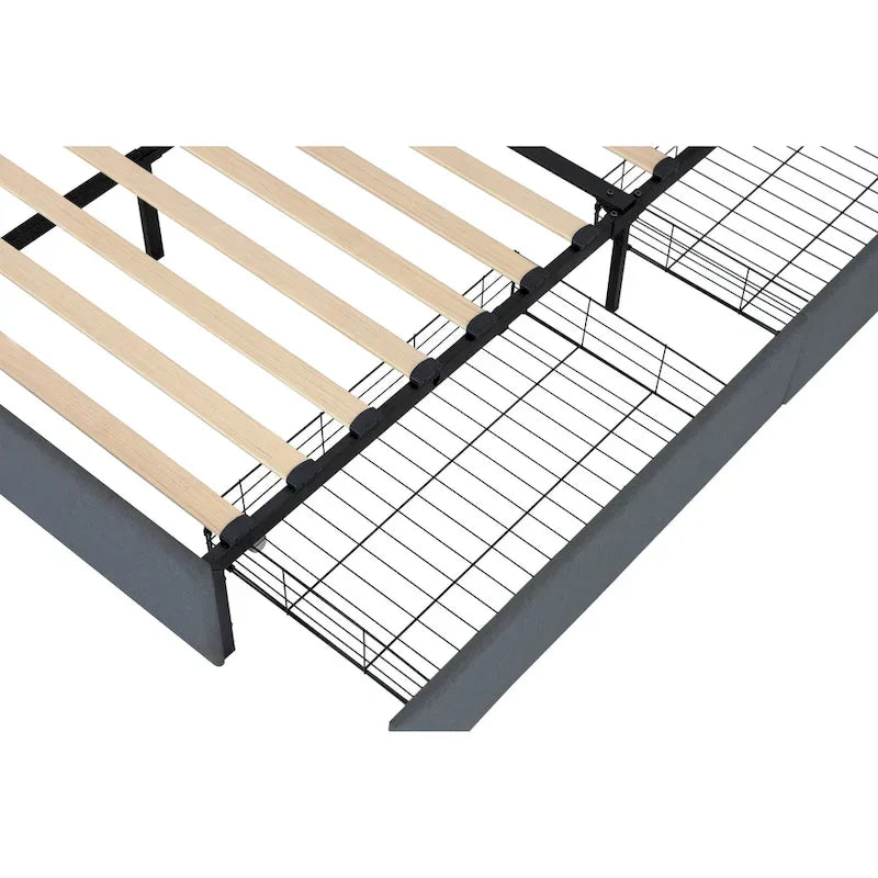 Lit plateforme queen size gris foncé avec 4 tiroirs de rangement, USB et lumières LED
