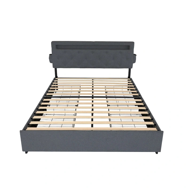 Lit plateforme queen size gris foncé avec 4 tiroirs de rangement, USB et lumières LED