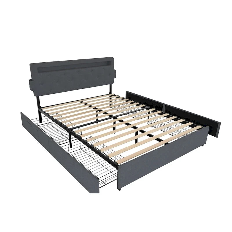 Lit plateforme queen size gris foncé avec 4 tiroirs de rangement, USB et lumières LED