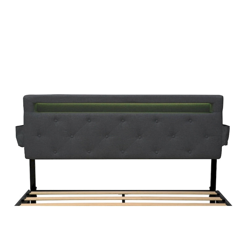 Lit plateforme queen size gris foncé avec 4 tiroirs de rangement, USB et lumières LED