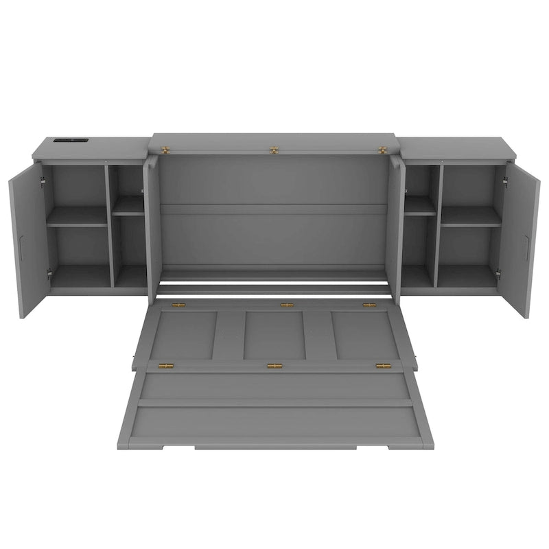 Lit escamotable gris pleine grandeur avec étagères, armoires et ports de chargement USB