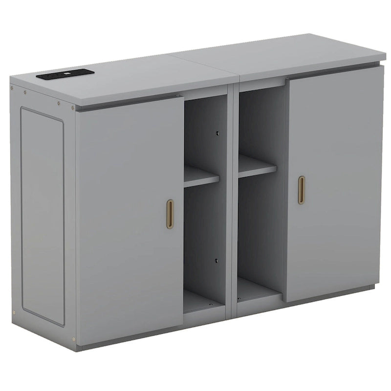 Lit escamotable gris pleine grandeur avec étagères, armoires et ports de chargement USB