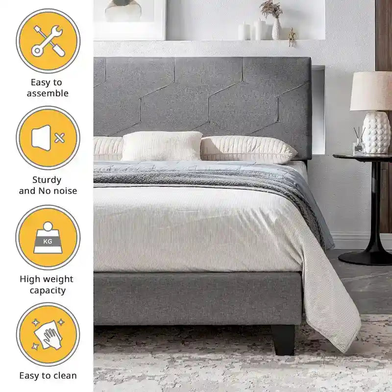 Lit plateforme rembourré gris grand format avec support à lattes en bois
