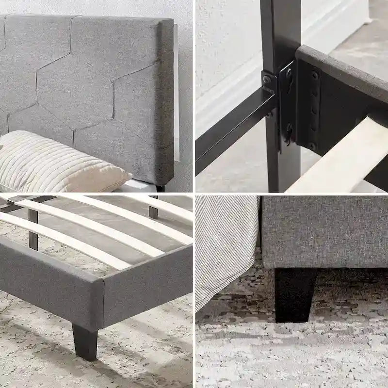 Lit plateforme rembourré gris grand format avec support à lattes en bois