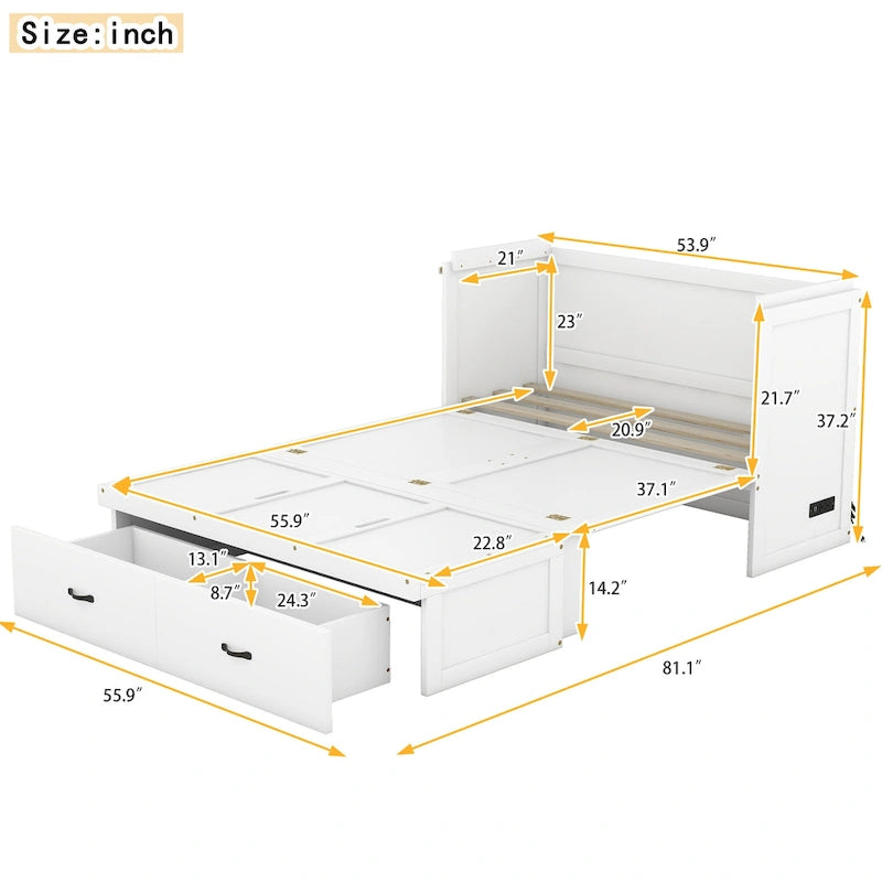 Lit escamotable Full Pine Murphy avec ports USB et tiroir