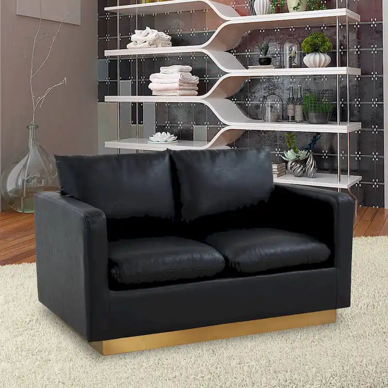   Nervo Modern Leather Loveseat With Gold Base & Cushions - 55.9