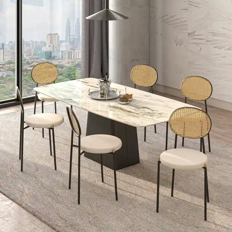 Lot de 4 chaises de salle à manger modernes avec dossier en rotin et siège en velours rembourré pour bureau à domicile, salon et cuisine